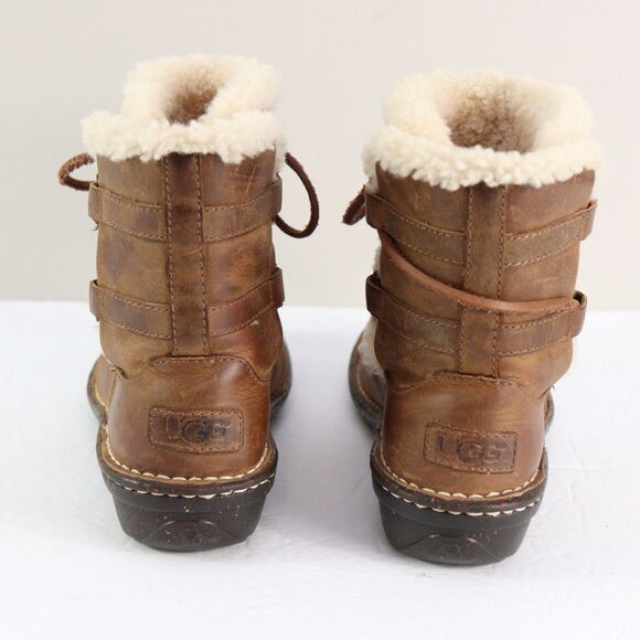 Ugg Caspia Brown Leather Shearling Lace Up Ankle Boots 7 - Picture 4 of 6
